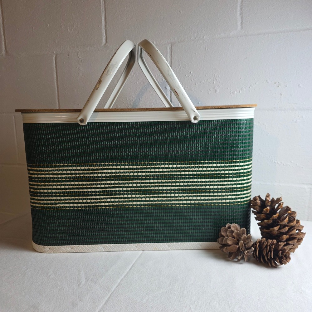 Vintage Redmon Woven Vinyl Picnic Basket Green Striped Retro MCM